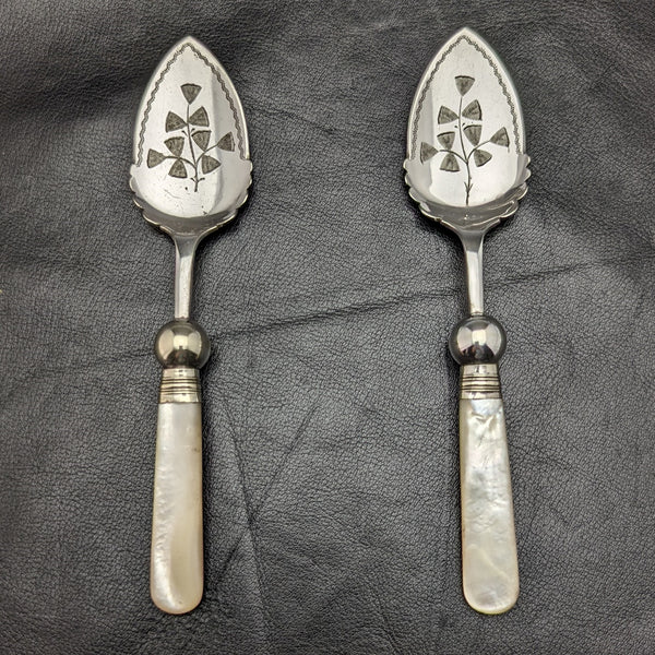 British Antique White Pearl Shell Handle Silver Plated Jam Spoon Pair